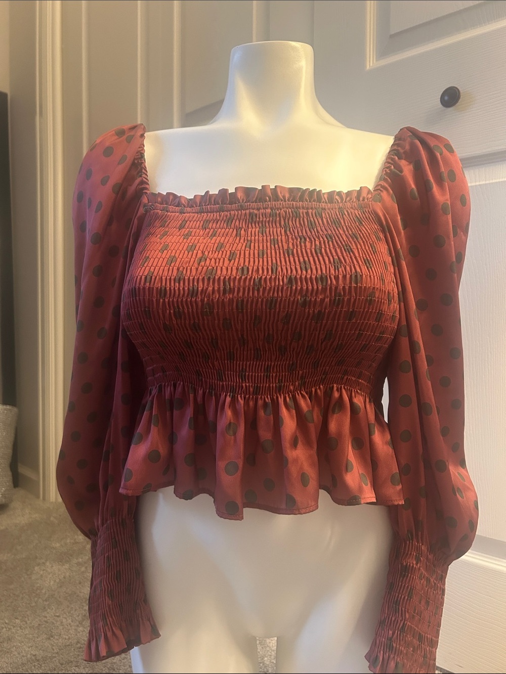 Zara Rust Red Polka Dot Smocked Cropped Women’s  Blouse Size XS
